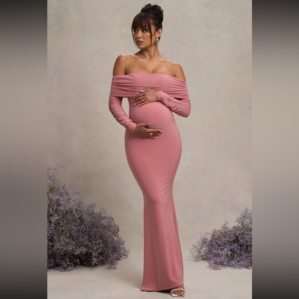 Pretty Perfect Blush Pink Maternity Ruched Mesh Bardot Maxi Dress